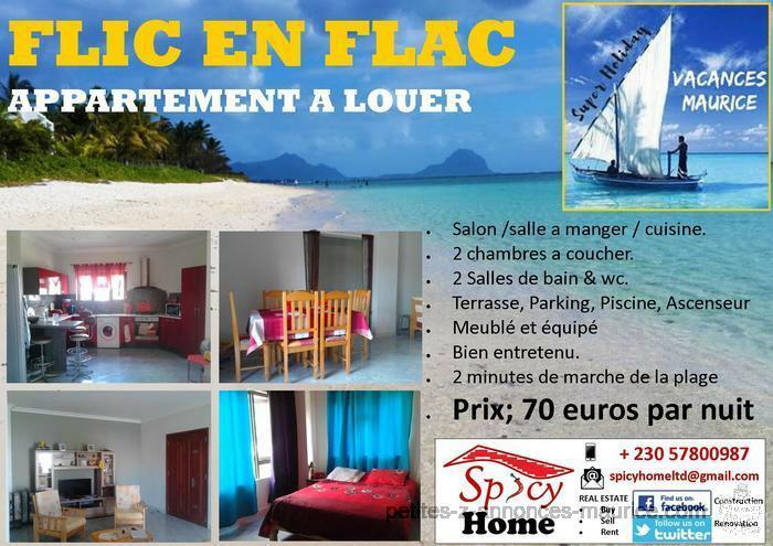 Appartement a Louer Flic en flac, 70 euros par nuit